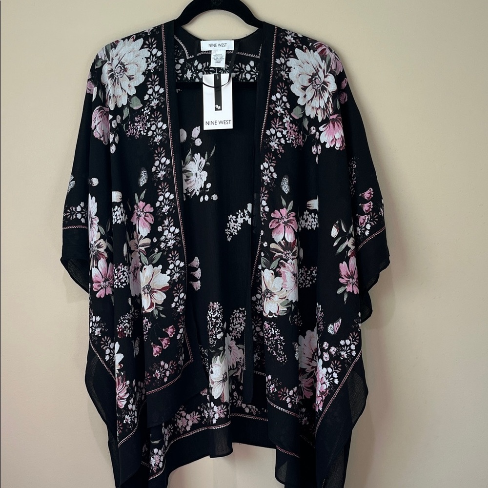 Nine West Black Kimono with Pink and White Floral Pattern
